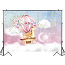 Pink Hot Air Balloon Baby Shower Backdrop Twinkle Twinkle Little Star Golden Star Photo Background Blue Sky White Clouds Dessert Table Banner