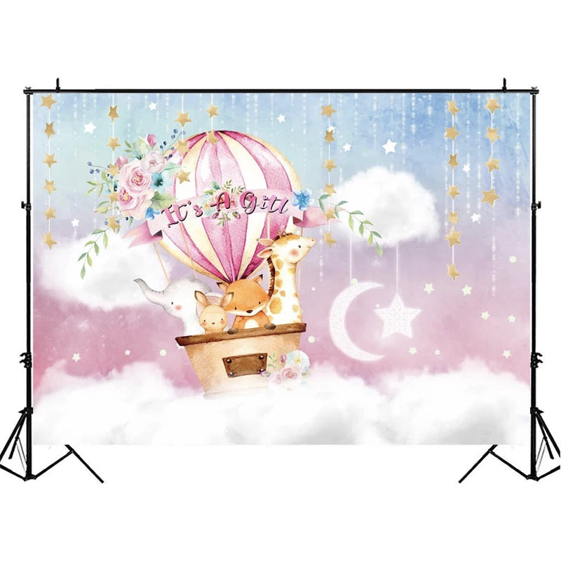 Toile de fond rose en forme de ballon à air chaud pour fête prénatale, scintillante, petite étoile dorée, fond photo, ciel bleu, nuages ​​blancs, bannière de table de dessert