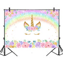 Arc-en-ciel licorne toile de fond or licorne anniversaire Photo toile de fond paillettes bulle Pastel arc-en-ciel Floral photographie fond