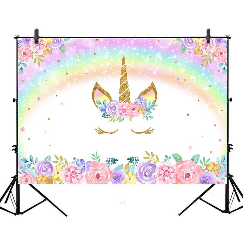 Rainbow Unicorn Backdrop Gold Birthday Photo Backdrop Glitter Bubble Pastel Rainbow Floral Photography Background