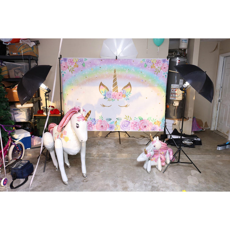 Rainbow Unicorn Backdrop Gold Birthday Photo Backdrop Glitter Bubble Pastel Rainbow Floral Photography Background