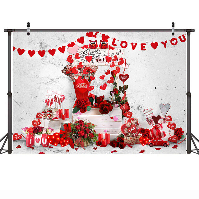 Red Flowers Adult Portrait Backdrop Love Heart Rose Romantic XOXO Kisses Background Valentine's Day Cake Table Photography Props