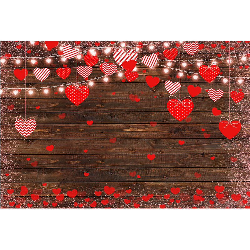 Red Love Hearts Photo Backdrop Valentine's Day Wedding Portrait Photography Rose Gold Dots Brown Rustic Wood Background Studio