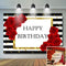 Fondo de cumpleaños de rosa roja, fondo de rayas blancas y negras para fotografía, decoración de fiesta de feliz cumpleaños, cartel de mesa de pastel