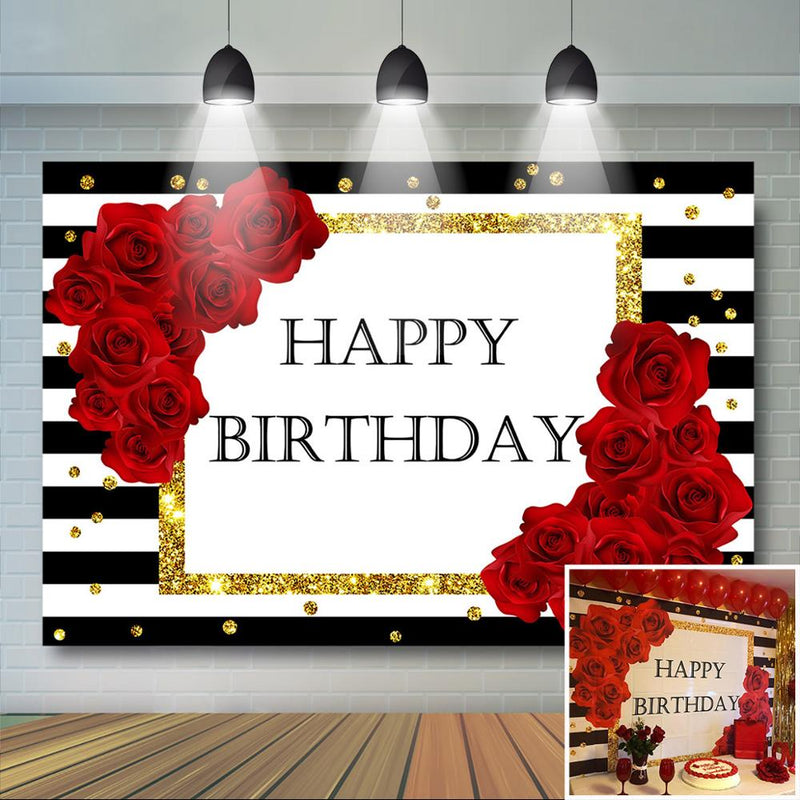 Red Rose Birthday Backdrop Black and White Stripes Background for Photography Happy Birthday Party Decoration Cake Table Banner
