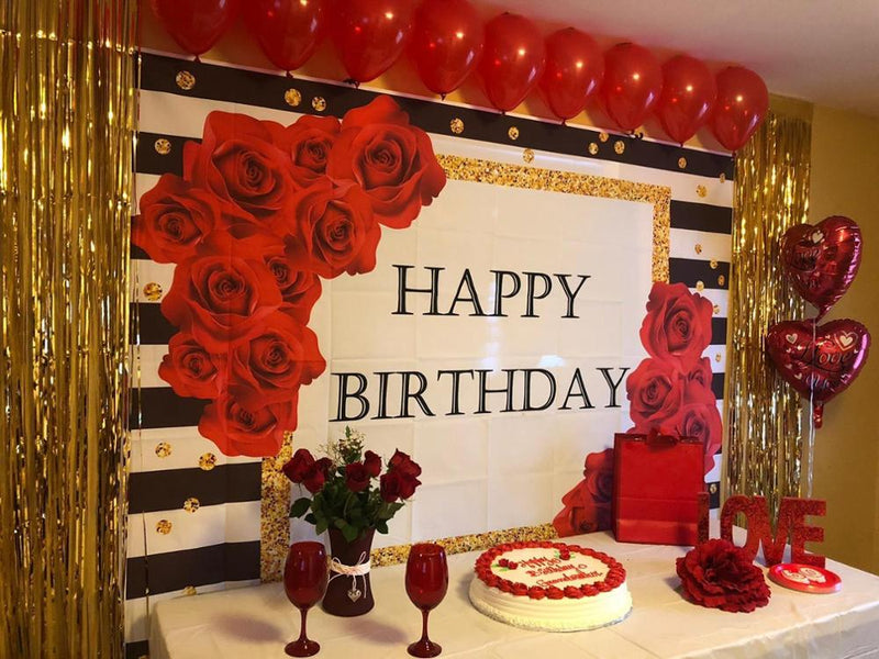 Red Rose Birthday Backdrop Black and White Stripes Background for Photography Happy Birthday Party Decoration Cake Table Banner