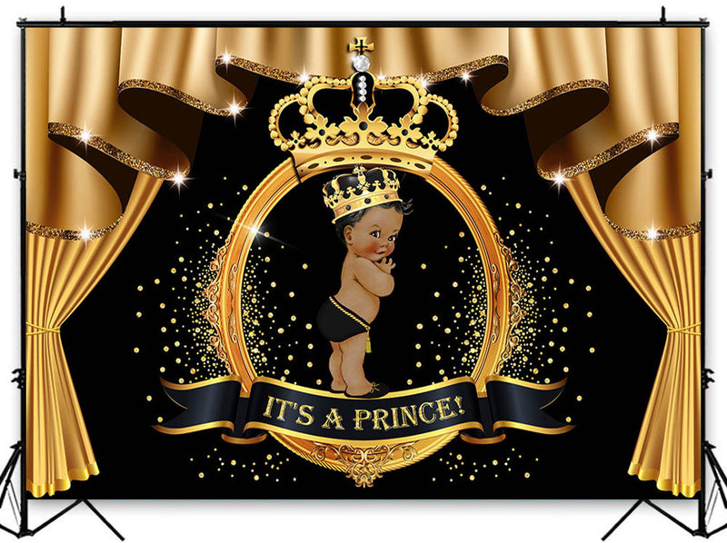 Royal Baby Shower Backdrop Golden Crown and Curtrain Background It's a prince Baby Shower Party Decoration Props Dessert Table
