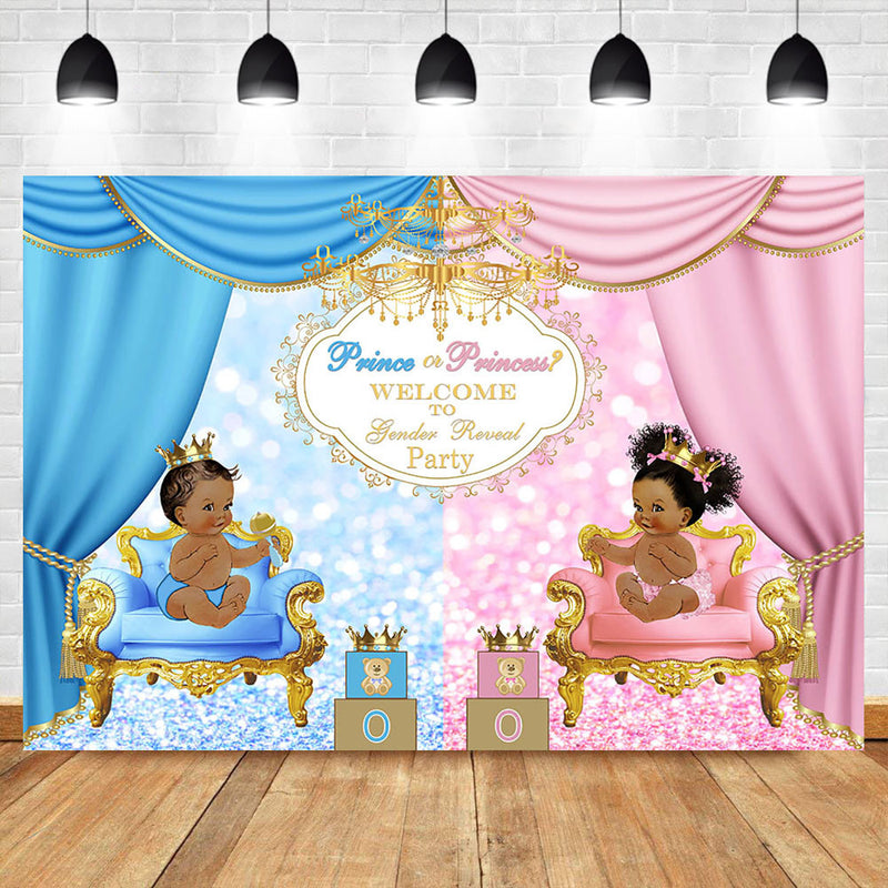 Royal Celebration Gender Reveal Backdrop Welcome Prince or Princess Baby Shower Party Photo Backdrop Blue or Pink Background