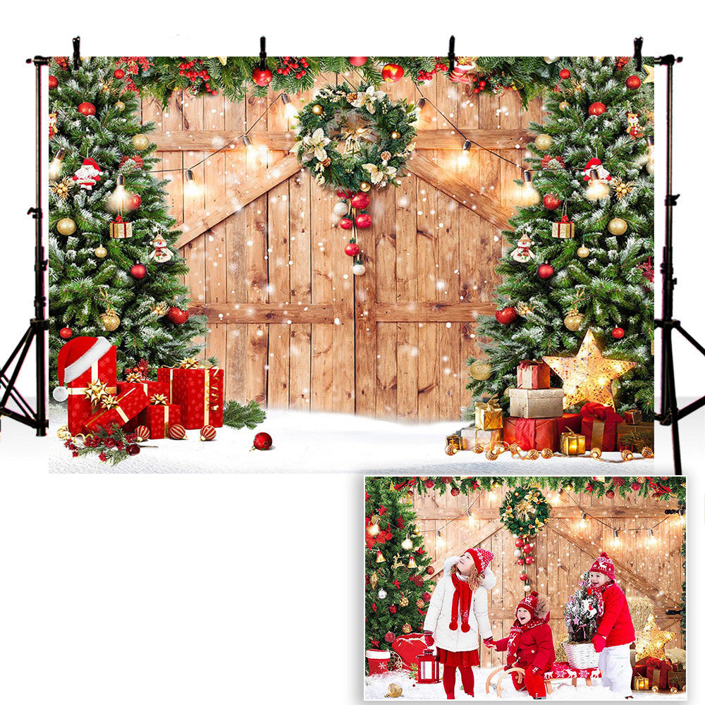Rustic Christmas Barn Wood Door Backdrop for Photography Xmas Tree Snow Gifts Photo Background Holiday Family Photoshoot Props