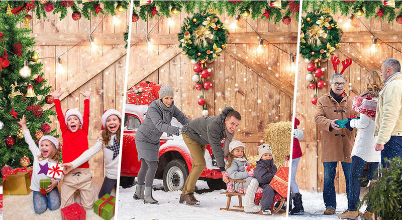 Rustic Christmas Barn Wood Door Backdrop for Photography Xmas Tree Snow Gifts Photo Background Holiday Family Photoshoot Props