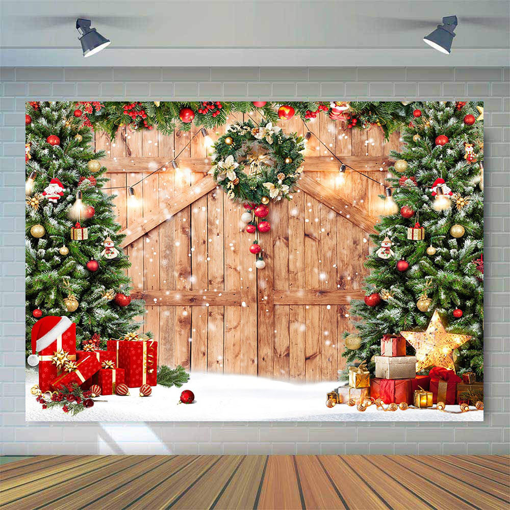 Rustic Christmas Barn Wood Door Backdrop for Photography Xmas Tree Snow Gifts Photo Background Holiday Family Photoshoot Props