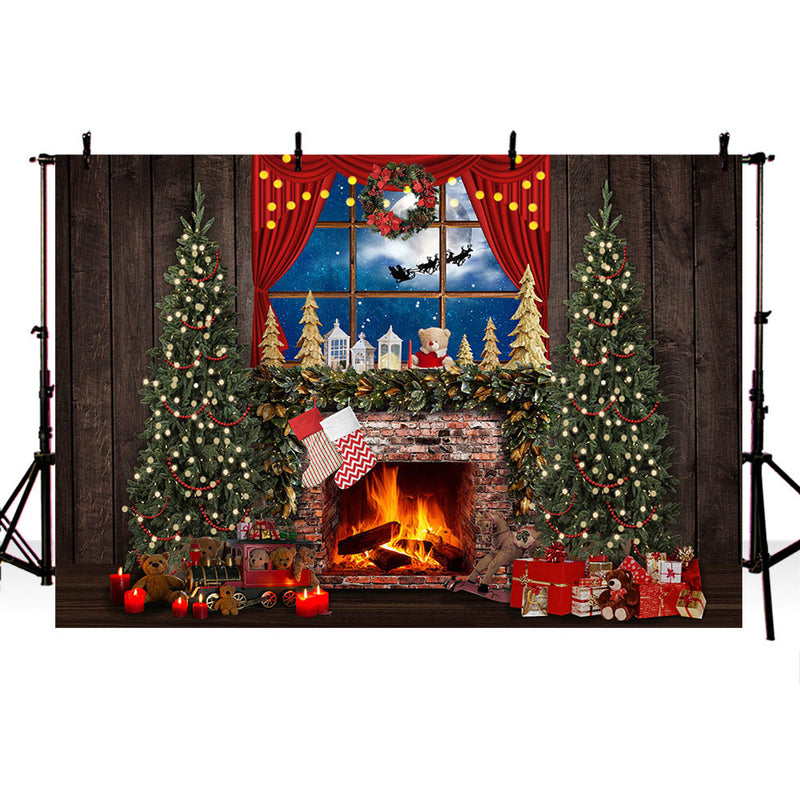 Rustic Wood Board Fireplace Backdrop Windows Christmas Tree Living Roo ...