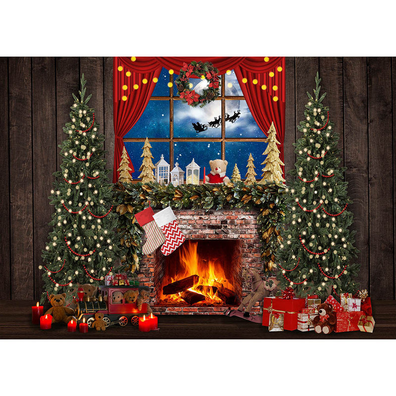 Tablero de madera rústico, telón de fondo para chimenea, ventanas, árbol de Navidad, sala de estar, retrato de niños recién nacidos, fondo fotográfico, decoración de estudio