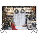 Christmas Snow Backdrop for Kids Children Portrait Photographic Studio Photo Backgrounds White Wooden Door Christmas Tree Decor