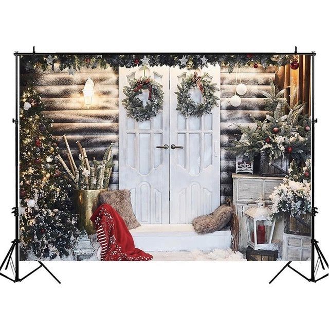 Christmas Snow Backdrop for Kids Children Portrait Photographic Studio Photo Backgrounds White Wooden Door Christmas Tree Decor