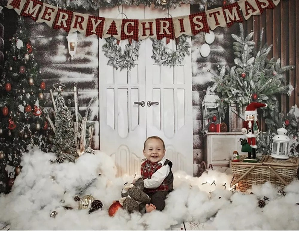 Christmas Snow Backdrop for Kids Children Portrait Photographic Studio Photo Backgrounds White Wooden Door Christmas Tree Decor