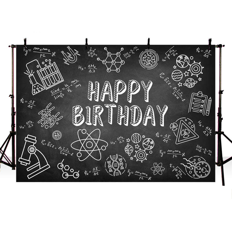 Toile de fond de fête à thème scientifique, tableau noir de laboratoire scientifique, décoration de joyeux anniversaire