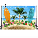 Sea Beach Summer Party Backdrop Tropical Flowers Surfboard Seaside Aloha Portrait Photography Background Plam Tree Blue Sky