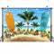Arrière-plan de fête d'été, plage de mer, fleurs tropicales, planche de surf, bord de mer, Portrait Aloha, arrière-plan de photographie, arbre Plam, ciel bleu