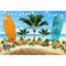Arrière-plan de fête d'été, plage de mer, fleurs tropicales, planche de surf, bord de mer, Portrait Aloha, arrière-plan de photographie, arbre Plam, ciel bleu