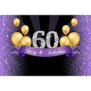 Fondo de 60 y fabuloso cumpleaños para fotografía, cartel para fiesta de 60 cumpleaños, fondo púrpura brillante, globos dorados y diamantes