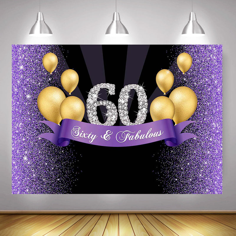 Toile de fond pour soixante et fabuleux anniversaires, pour photographie, bannière de fête de 60e anniversaire, paillettes, fond violet, ballons dorés et diamants