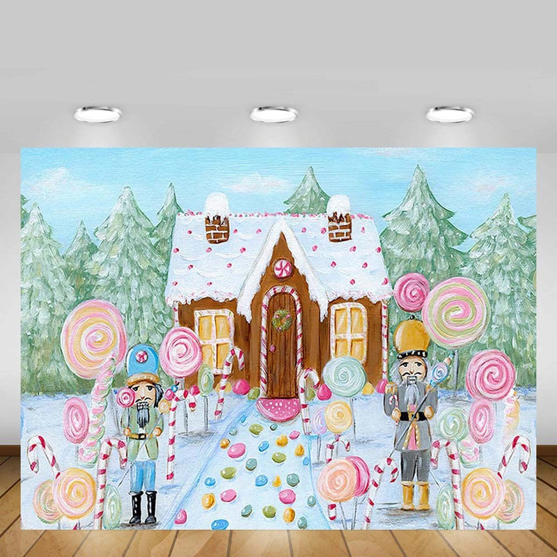 Arrière-plan de forêt de neige d'hiver, maison de bonbons en bois, sucette, fête prénatale, Portrait, arrière-plan de photographie, accessoires de Studio Photo