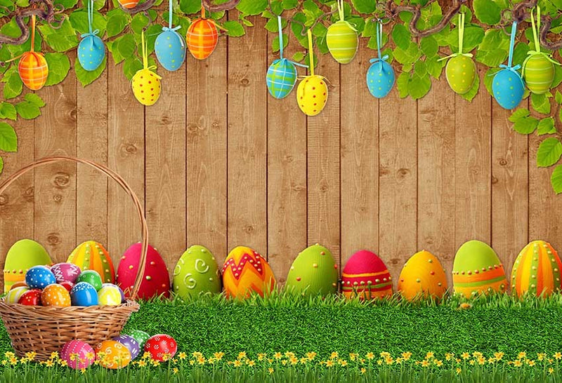 Spring Happy Easter Photography Background Wooden Wall Colorful Eggs Grass Kids Portrait Decor Backdrop Photo Studio