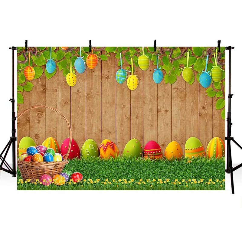 Spring Happy Easter Photography Background Wooden Wall Colorful Eggs Grass Kids Portrait Decor Backdrop Photo Studio