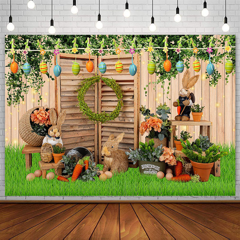 Spring Photography Background Easter Eggs Carrot Grassland Baby Shower Wooden Wall Newborn Portrait Backdrop