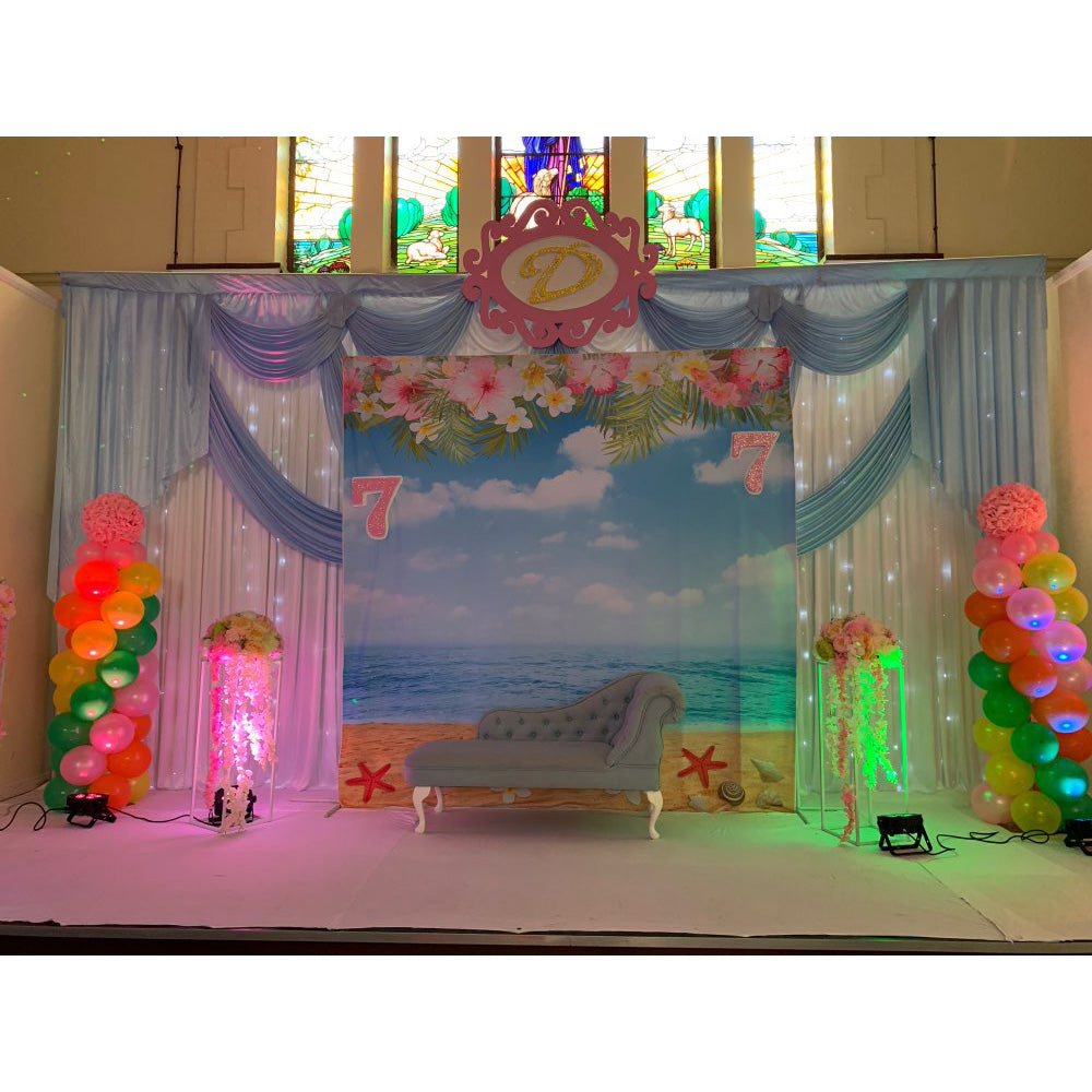 Summer Beach Photography Backdrop Hawaiian Luau Aloha Theme Birthday Photo Background Blue Sky White Clouds Flowers