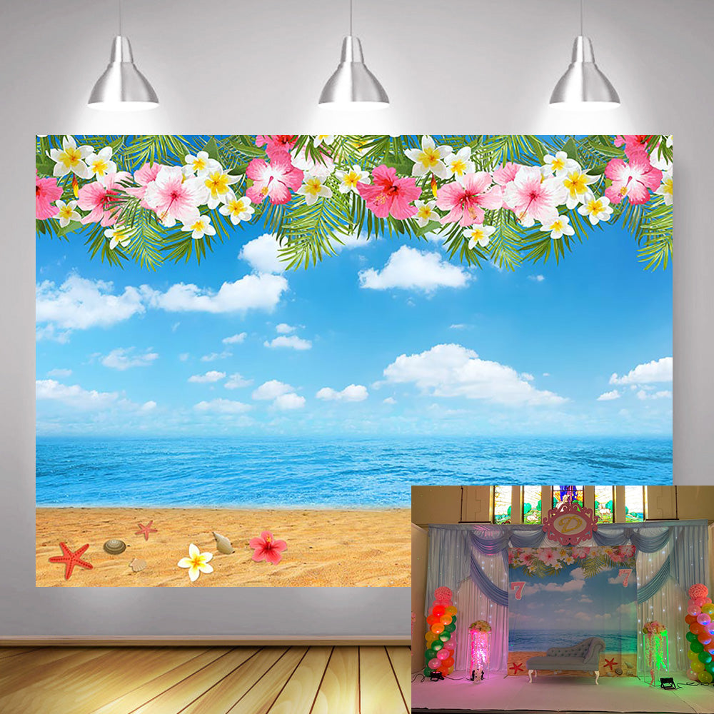 Summer Beach Photography Backdrop Hawaiian Luau Aloha Theme Birthday Photo Background Blue Sky White Clouds Flowers