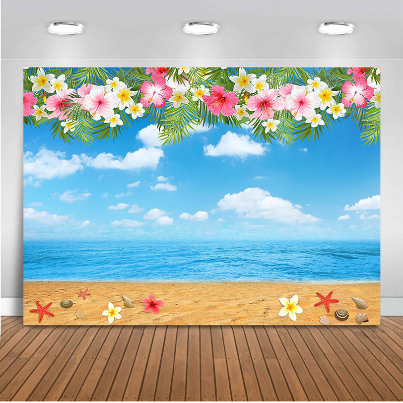 Summer Beach Photography Backdrop Hawaiian Luau Aloha Theme Birthday Photo Background Blue Sky White Clouds Flowers