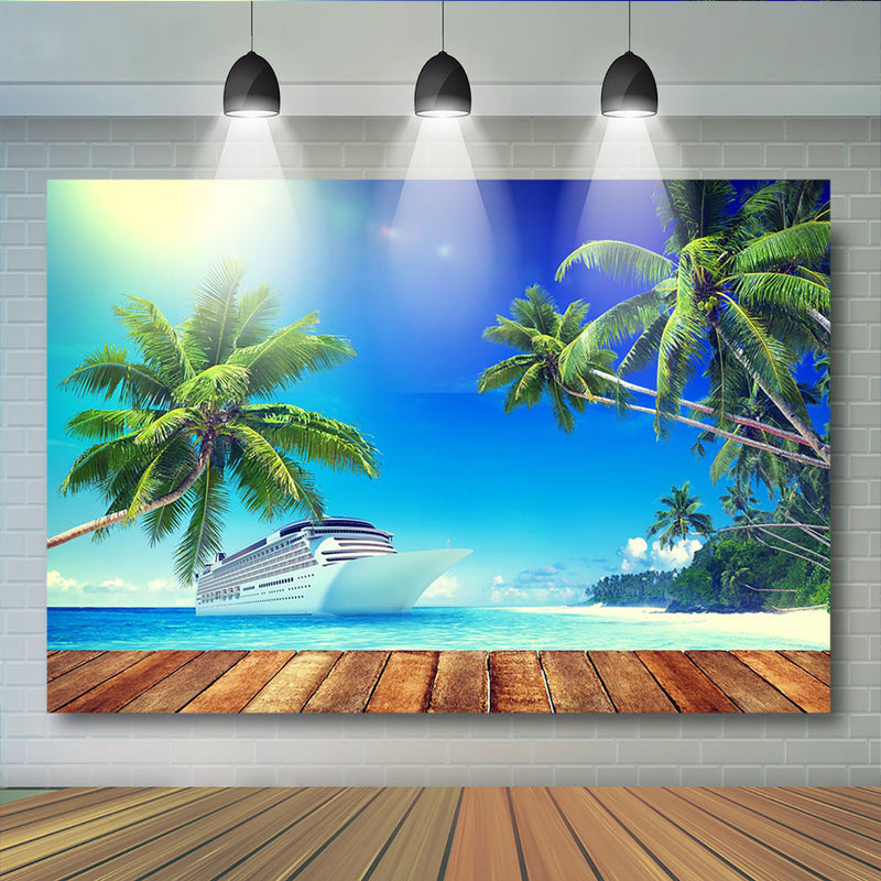 Été plage bois photographie fond bateau de croisière mer décors nuage bleu ciel cocotier arrière-plans pour Studio Photo