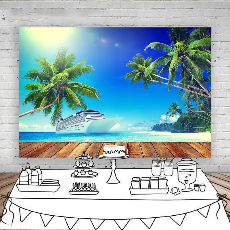 Summer Beach Wood Photography Background Cruise Ship Sea Backdrops Cloud Blue Sky Coconut tree Backgrounds For Photo Studio