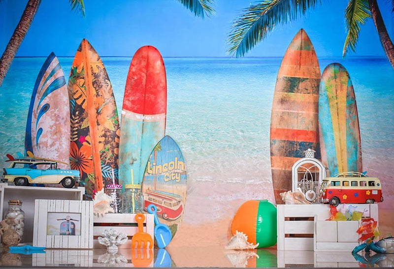 Fondo de fotografía de surf de verano, tabla de surf, playa, mar, cielo azul, fondo de fiesta de cumpleaños, estudio fotográfico