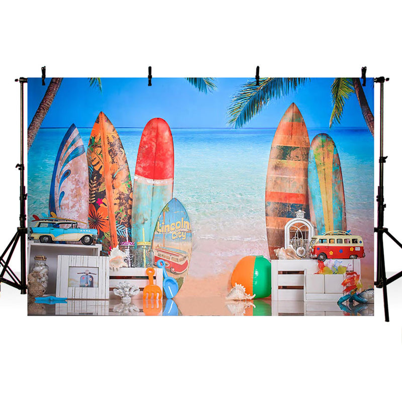 Summer Surfing Photography Background Surfboard Beach Sea Blue Sky Birthday Party Backdrop Photocall Studio