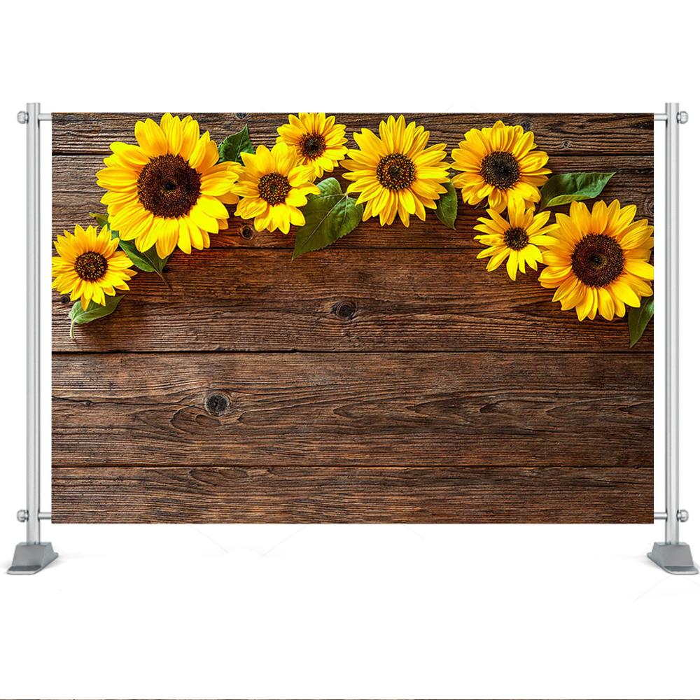 Sunflower Brown Wood Backdrops for Photography Rustic Child Baby Shower Birthday Party Banner Baby Cake Smash Photo Background