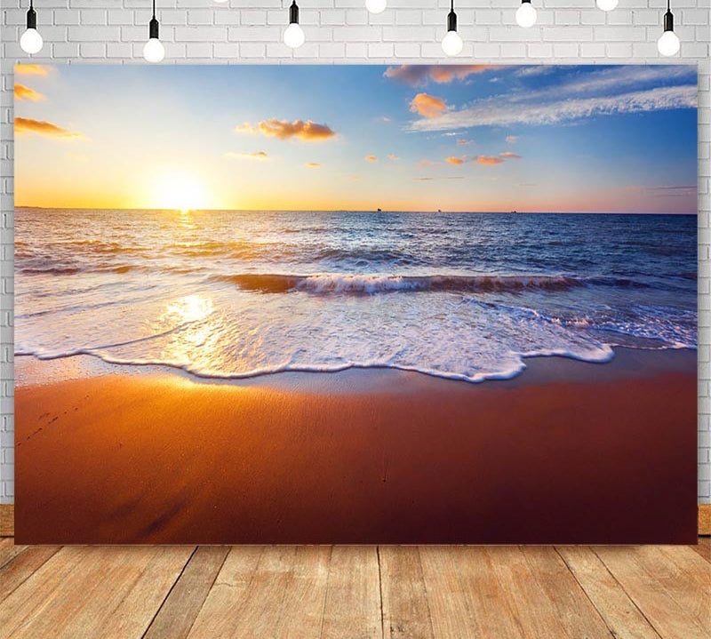 Arrière-plan de photographie de plage au coucher du soleil, nuages ​​roses, accessoires de plage dorés, arrière-plan de stand de Studio, séance Photo de gâteau Smash