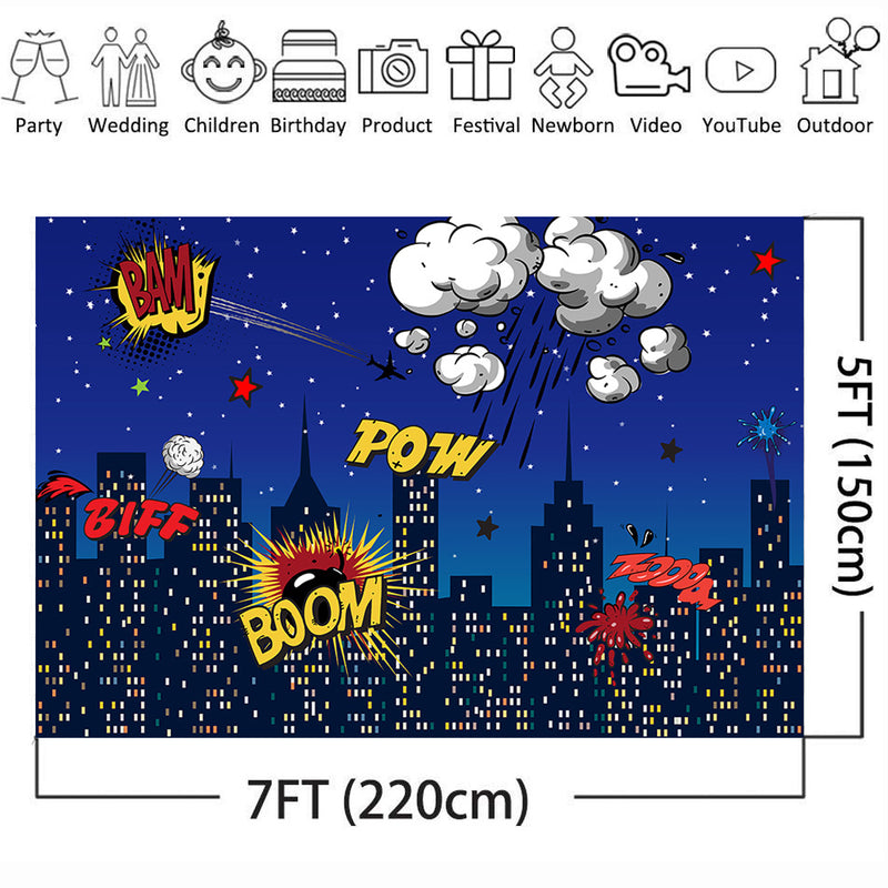 Super Hero Theme Backdrop for Photography Boom Birthday Party Banner Props for Boys Night Shiny Stars Cloud Buildings Pow Biff