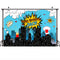 Superhero Boy Happy Birthday Photography Backdrop Cartoon Super Hero Cityscape Birthday Dessert Banner Background Blue Sky Cloud