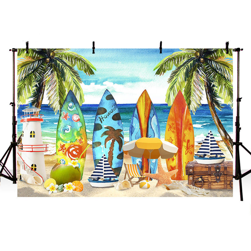 Toile de fond pour photographie de planche de surf, arrière-plan de fête d'anniversaire pour enfants et nouveau-nés, bateau de sauvetage en forme de palmier