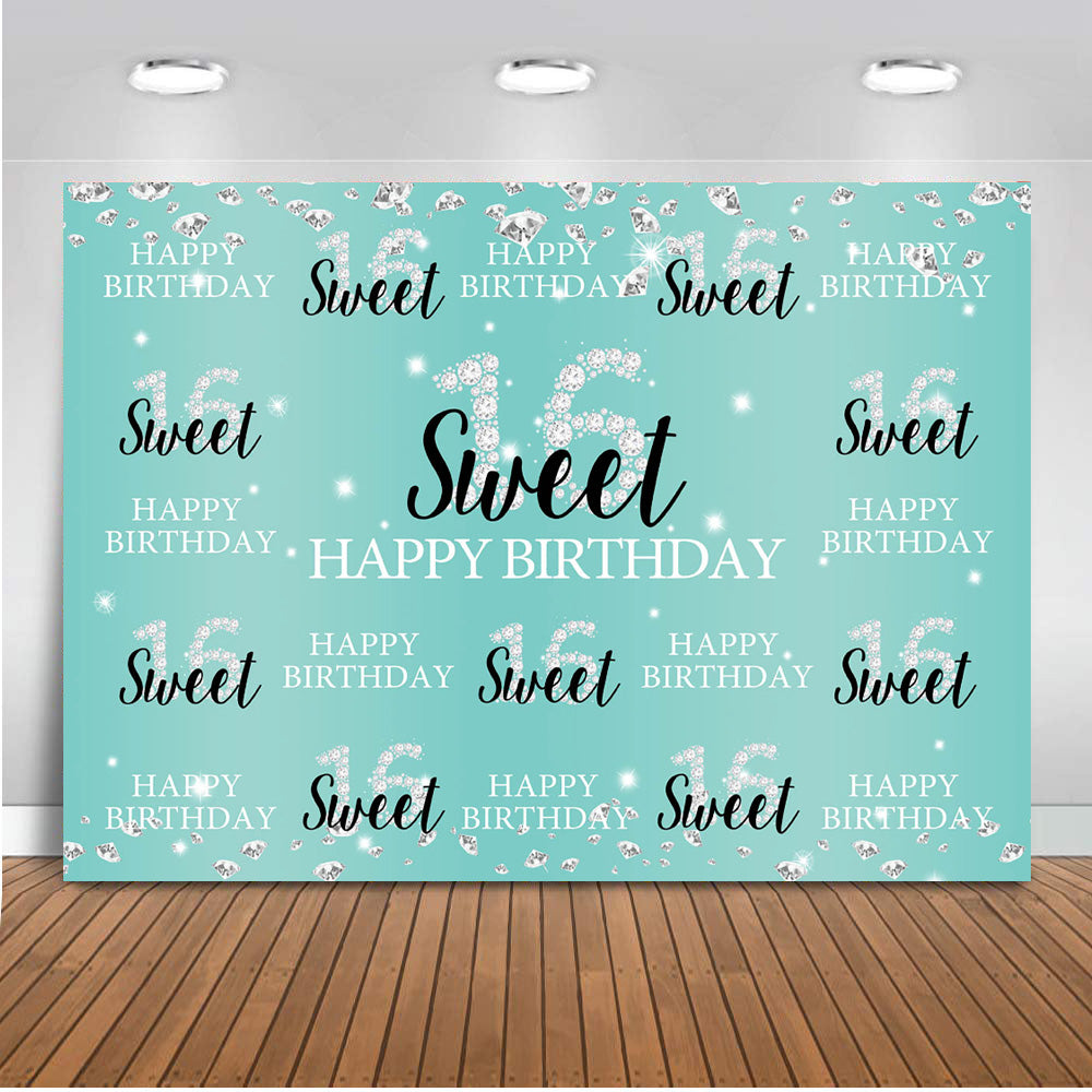 Sweet 16 Backdrop for Photography Girl Children Happy Birthday Blue Party Background for Photo Booth Decoration Supplies Prop