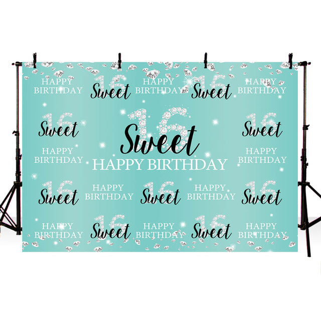 Sweet 16 Backdrop for Photography Girl Children Happy Birthday Blue Party Background for Photo Booth Decoration Supplies Prop