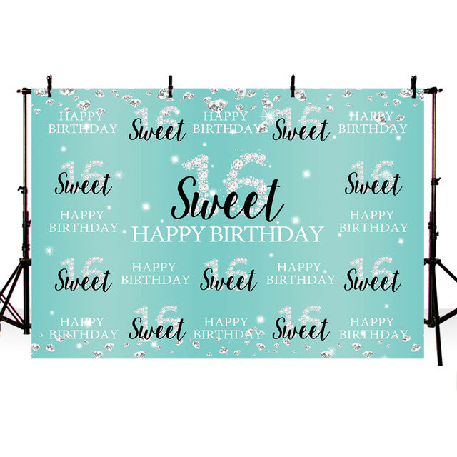 Sweet 16 Backdrop for Photography Girl Children Happy Birthday Blue Party Background for Photo Booth Decoration Supplies Prop