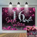 Sweet Sixteen Backdrop Girl's 16th Birthday Diamond Pink Heart Ribbon High-Heel Photography Background Party Banner
