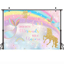 Arrière-plan de Photo thème licorne sirène, arc-en-ciel, aquarelle, étoiles à paillettes dorées, arrière-plan de Table pour gâteau d'anniversaire pour filles