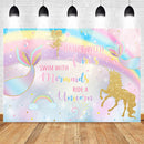 Sweet Mermaid Unicorn Theme Photo Background Dance Rainbow Watercolor Gold Glitter Stars Girls Birthday Cake Table Backdrop