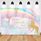 Fondo fotográfico con tema de unicornio y sirena dulce, telón de fondo de mesa con pastel de cumpleaños para niñas, arcoíris, acuarela, purpurina dorada, estrellas