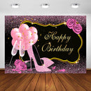 Fondo de cumpleaños rosa dulce, brillo brillante, tacones altos, champán, adultos, mujeres, decoración de cumpleaños, fondo para fotomatón